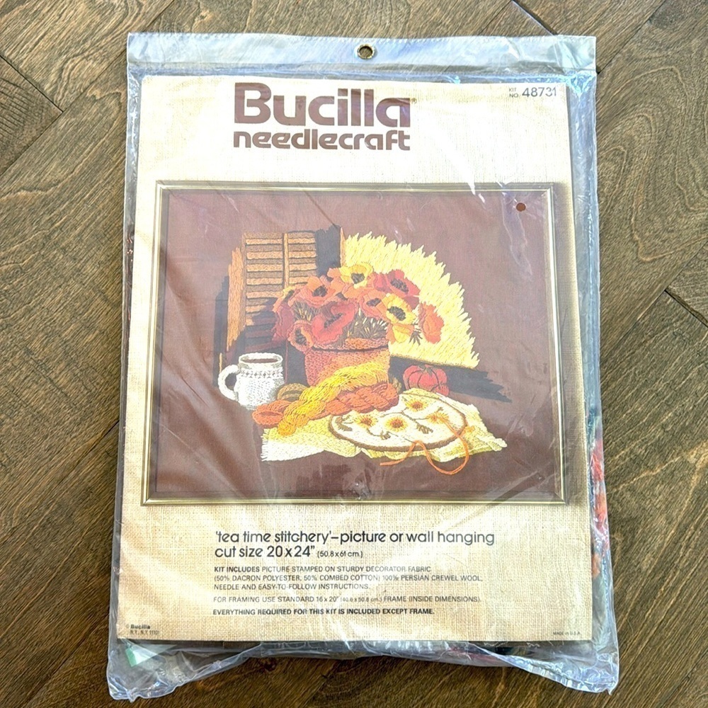 Bucilla Needlecraft Vintage Kit 48731 Tea Time Stitchery Picture Wall Hanging